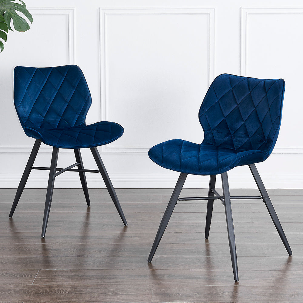 Lot de 2 chaises de salle à manger Ampney en velours avec coutures diamant et pieds en métal (velours bleu)