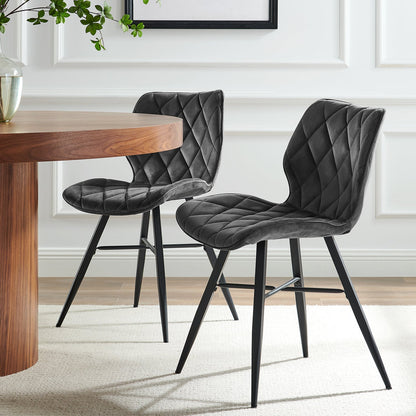 Lot de 2 chaises de salle à manger Ampney en velours à motif diamant avec pieds en métal (velours gris foncé)