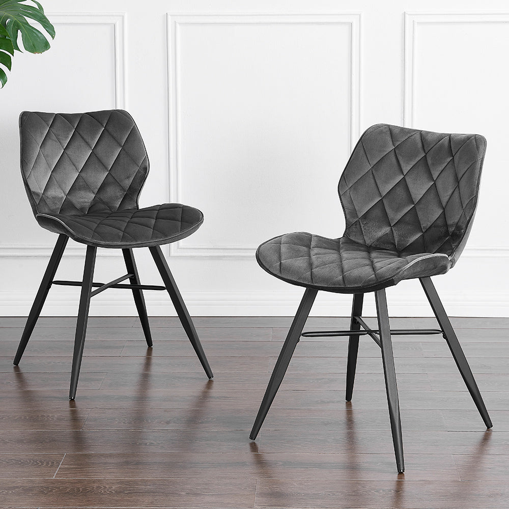 Lot de 2 chaises de salle à manger Ampney en velours à motif diamant avec pieds en métal (velours gris foncé)
