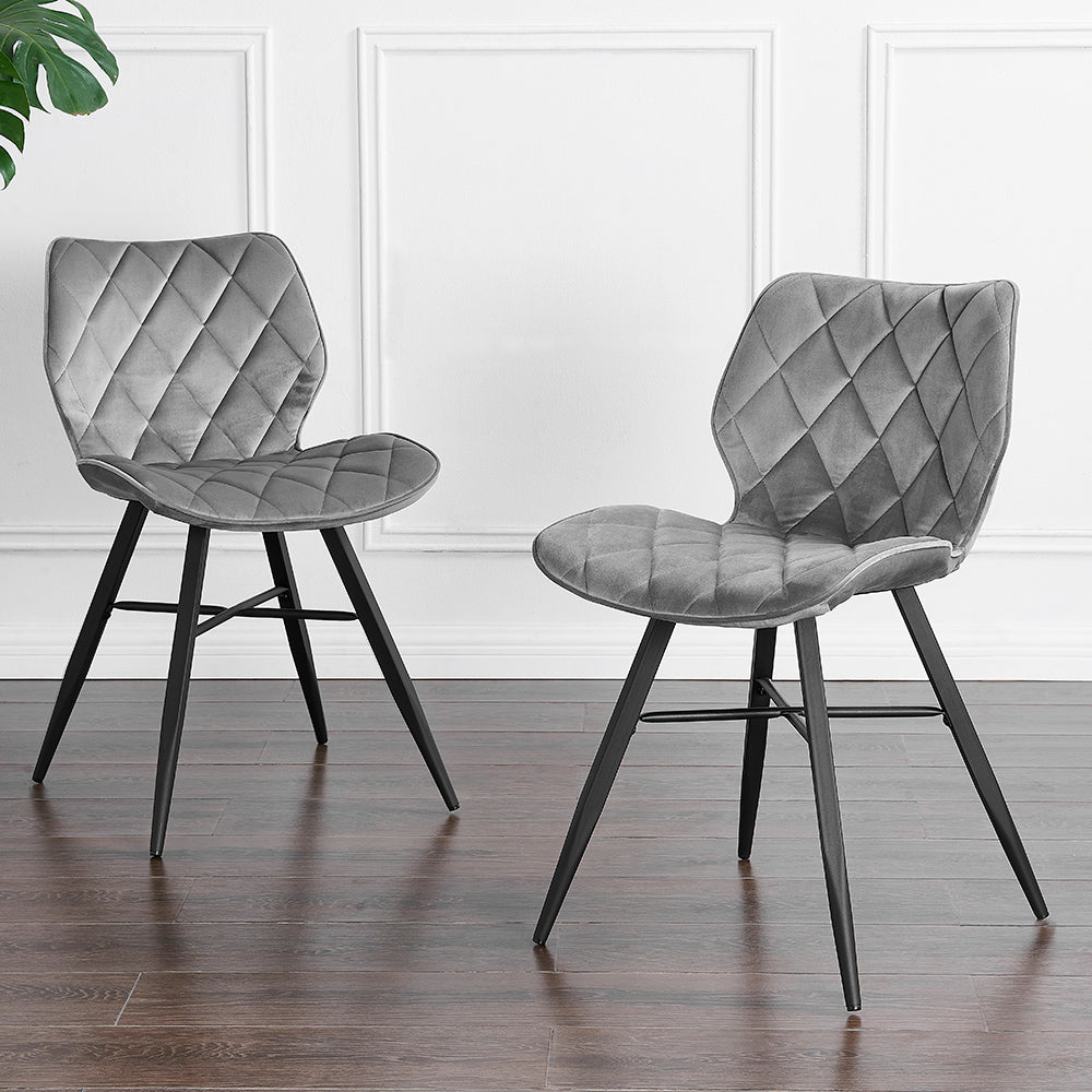 Lot de 2 chaises de salle à manger Ampney en velours gris clair avec pieds en métal et motif diamant