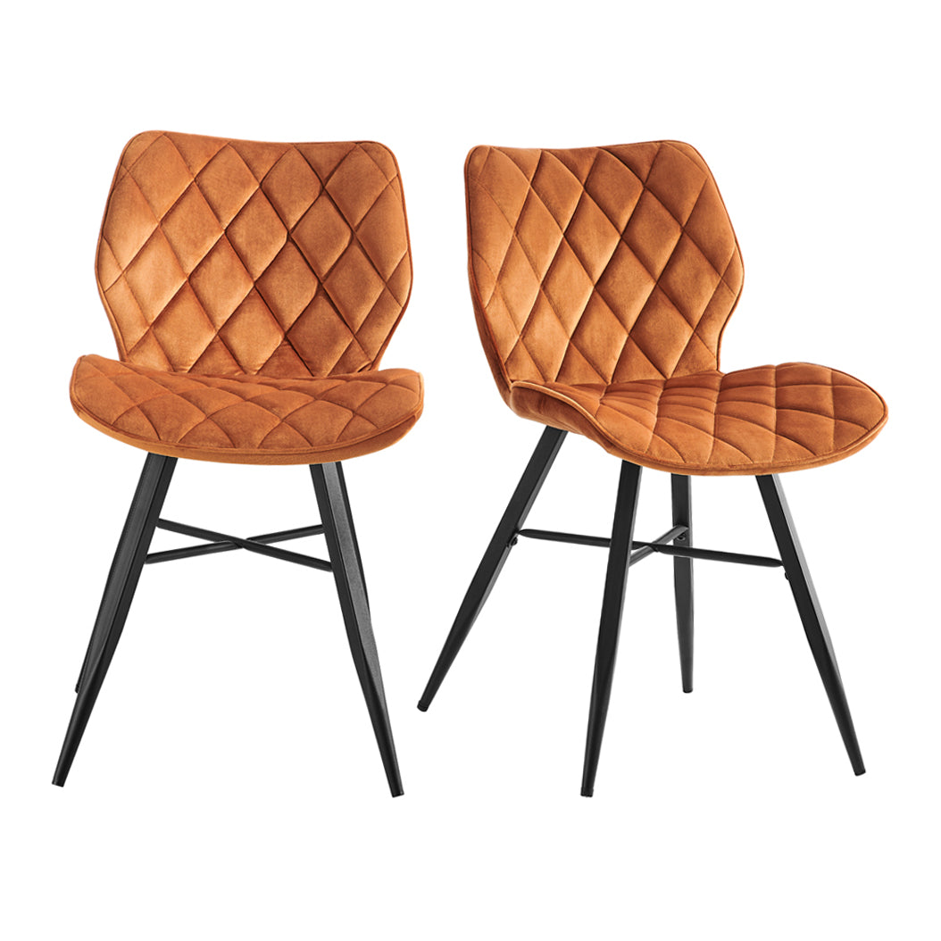 Lot de 2 chaises de salle à manger Ampney en velours orange avec coutures en diamant et pieds en métal
