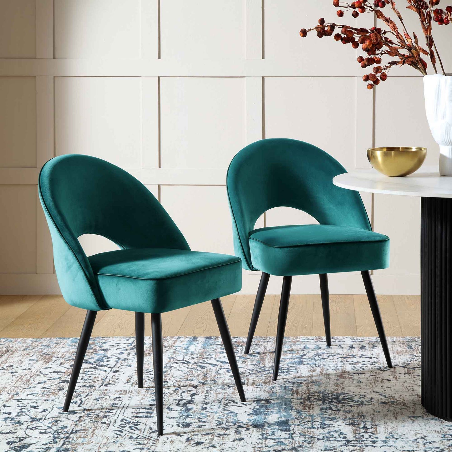 Ensemble de 2 chaises de salle à manger Oakley en velours bleu sarcelle avec passepoil contrasté