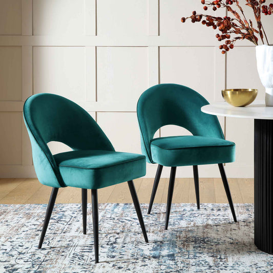 Ensemble de 2 chaises de salle à manger Oakley en velours bleu sarcelle avec passepoil contrasté