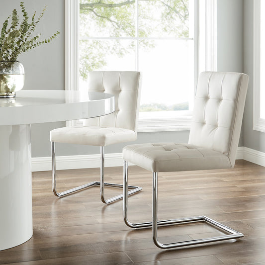 Lot de 2 chaises de salle à manger Keyston en similicuir blanc crème avec pieds chromés
