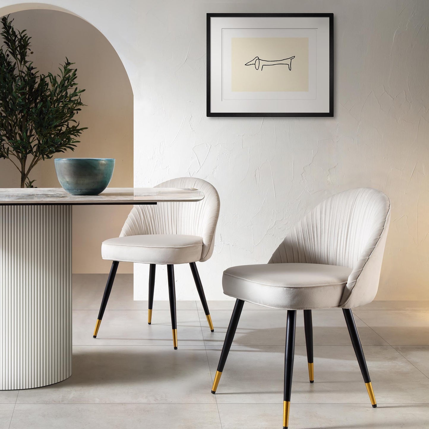 Lot de 2 chaises de salle à manger rembourrées en velours plissé champagne Miyae