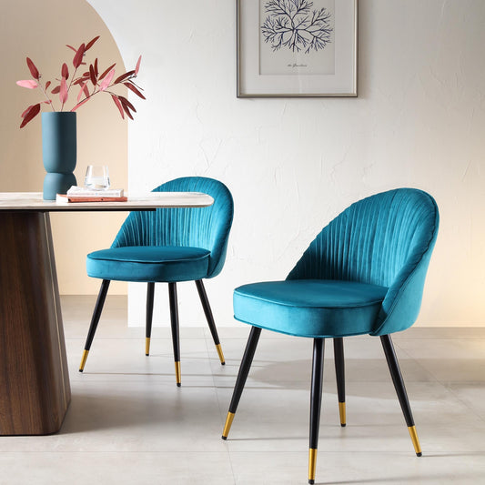 Lot de 2 chaises de salle à manger rembourrées en velours bleu sarcelle plissé Miyae