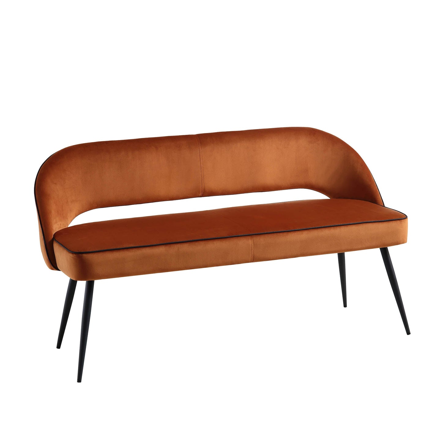 Banc de salle à manger 3 places rembourré en velours orange Oakley avec passepoil contrasté