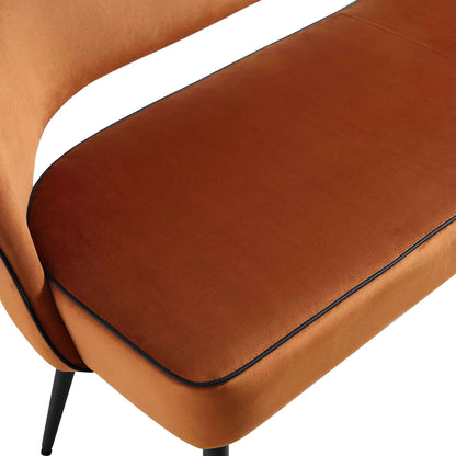 Banc de salle à manger 3 places rembourré en velours orange Oakley avec passepoil contrasté