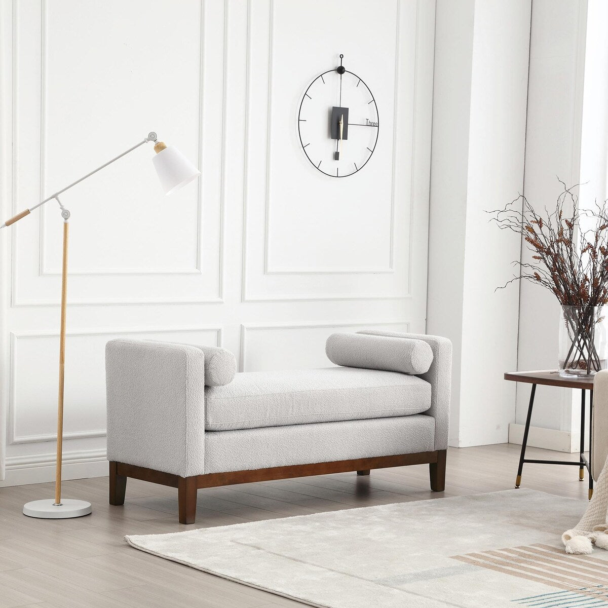 Élégant banc ottoman rembourré de 53,5 pouces avec pieds en bois et coussins cylindriques