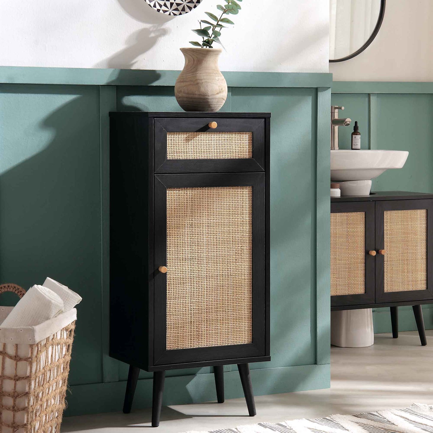Armoire de salle de bain 1 porte en rotin tressé Frances, noir