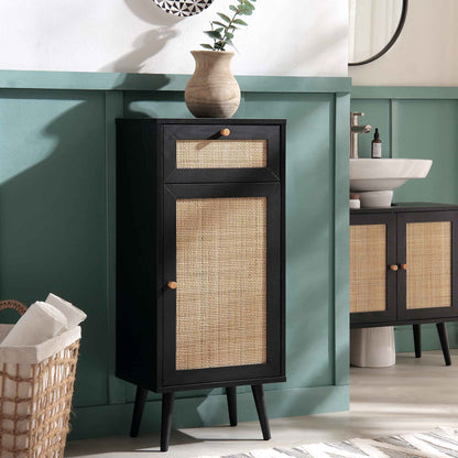 Armoire de salle de bain 1 porte en rotin tressé Frances, noir