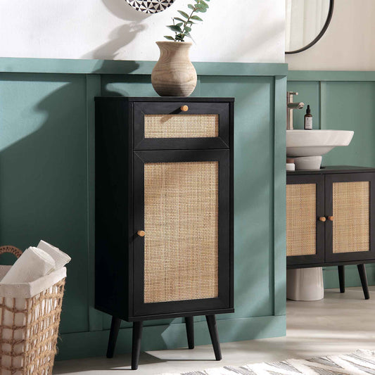 Armoire de salle de bain 1 porte en rotin tressé Frances, noir