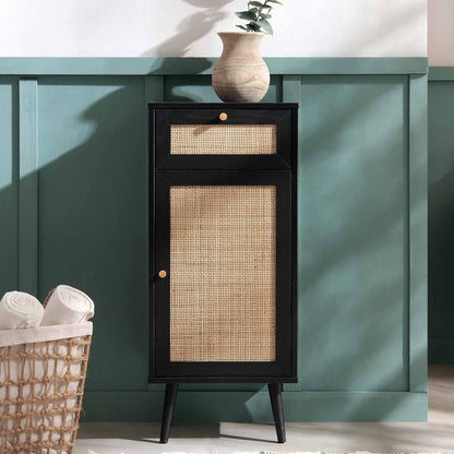 Armoire de salle de bain 1 porte en rotin tressé Frances, noir