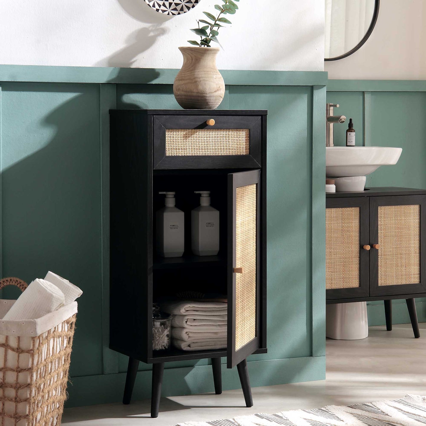 Armoire de salle de bain 1 porte en rotin tressé Frances, noir