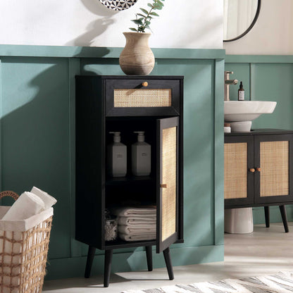 Armoire de salle de bain 1 porte en rotin tressé Frances, noir