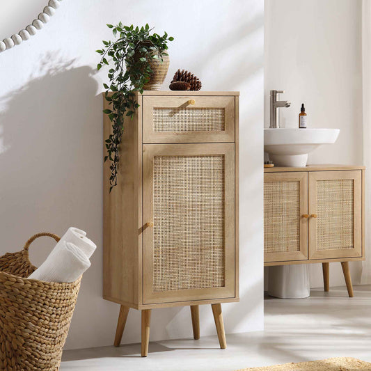 Meuble de salle de bain 1 porte en rotin tressé Frances, naturel
