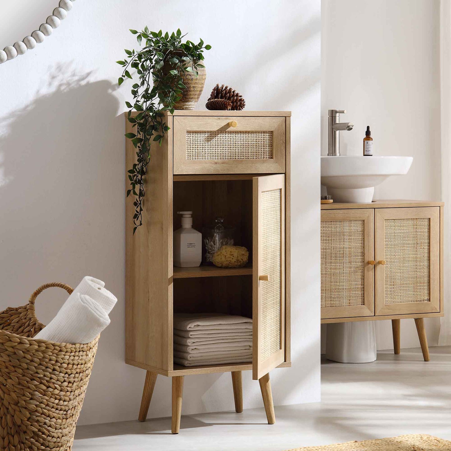 Meuble de salle de bain 1 porte en rotin tressé Frances, naturel