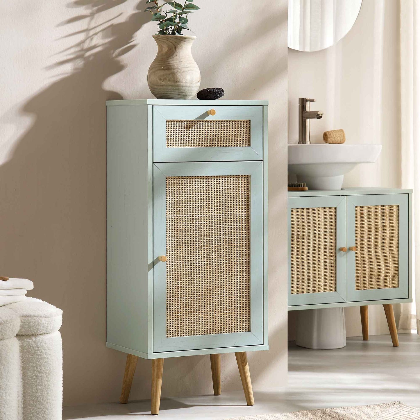 Armoire de salle de bain 1 porte en rotin tressé Frances, menthe