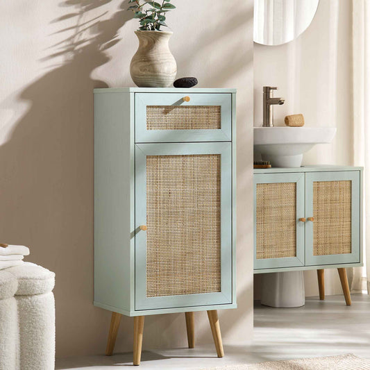 Armoire de salle de bain 1 porte en rotin tressé Frances, menthe