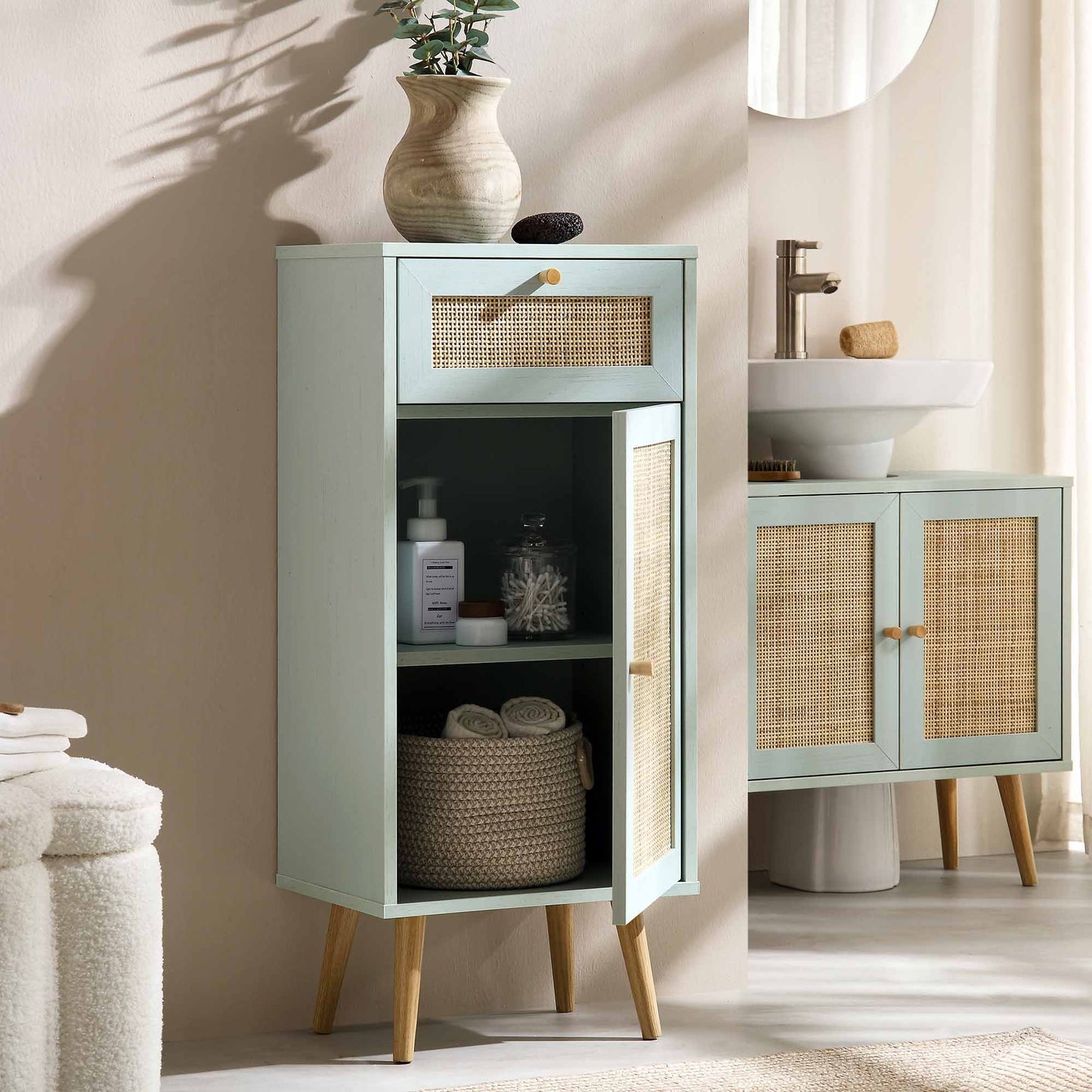 Armoire de salle de bain 1 porte en rotin tressé Frances, menthe