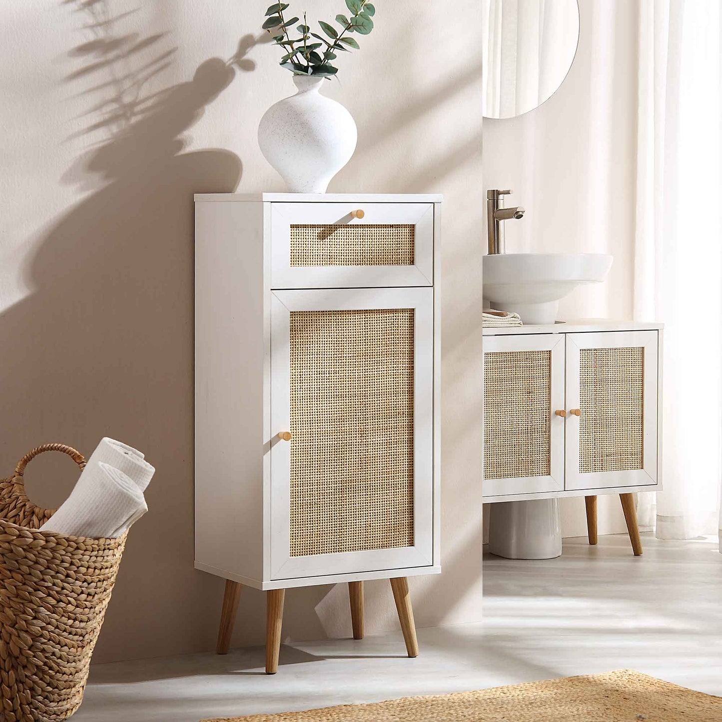 Meuble de salle de bain 1 porte en rotin tressé Frances, blanc