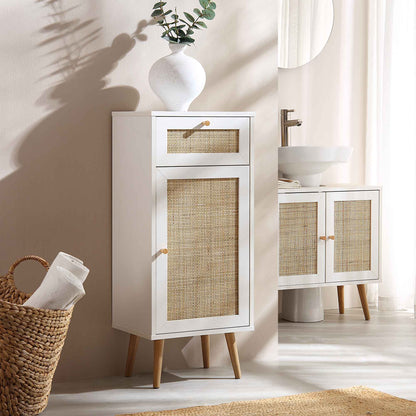 Meuble de salle de bain 1 porte en rotin tressé Frances, blanc