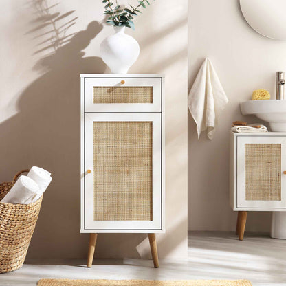 Meuble de salle de bain 1 porte en rotin tressé Frances, blanc