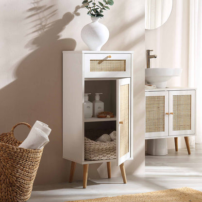 Meuble de salle de bain 1 porte en rotin tressé Frances, blanc