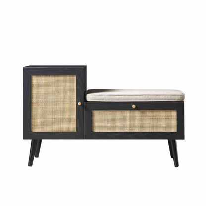 Banc de rangement en rotin tressé Frances avec coussin, noir