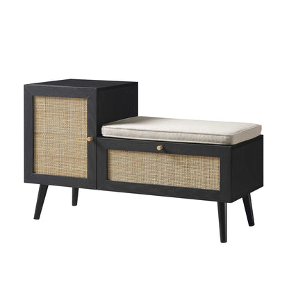 Banc de rangement en rotin tressé Frances avec coussin, noir
