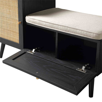 Banc de rangement en rotin tressé Frances avec coussin, noir