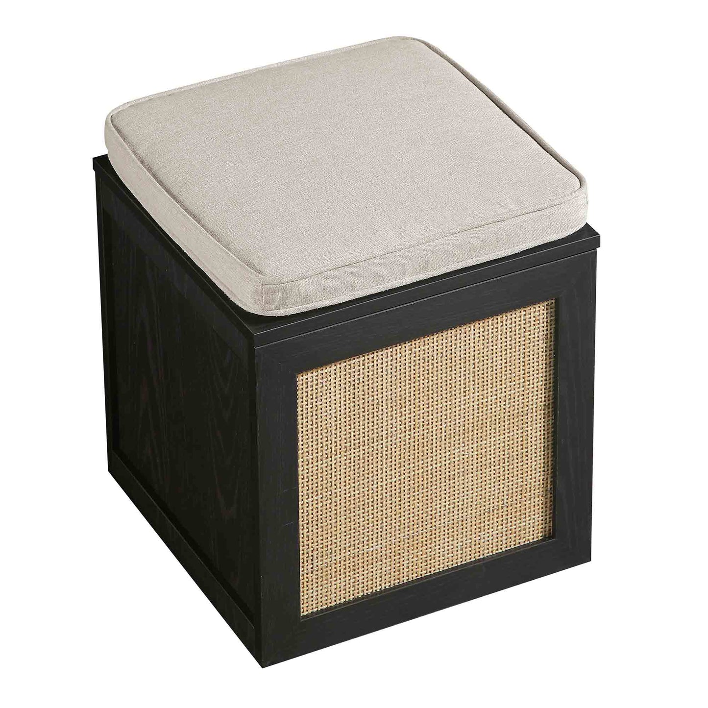 Tabouret de rangement simple en rotin tressé Frances avec coussin, noir