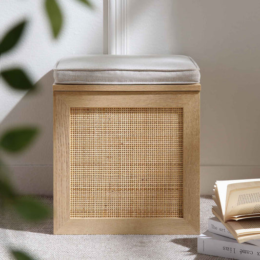 Tabouret de rangement simple en rotin tressé Frances avec coussin, naturel