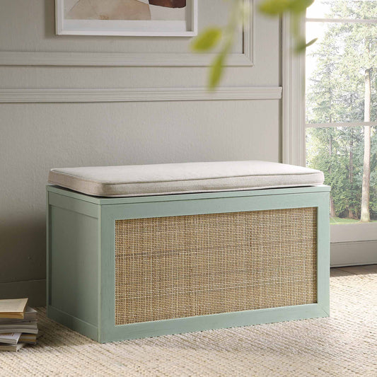 Tabouret de rangement double en rotin tressé Frances avec coussin, menthe