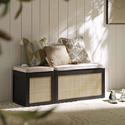 Ensemble de tabourets de rangement triples en rotin tressé Frances avec coussin, noir