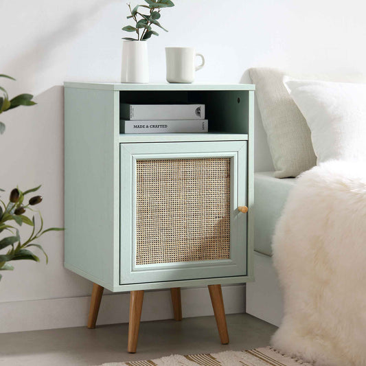 Table de chevet 1 porte en rotin tressé Frances couleur menthe