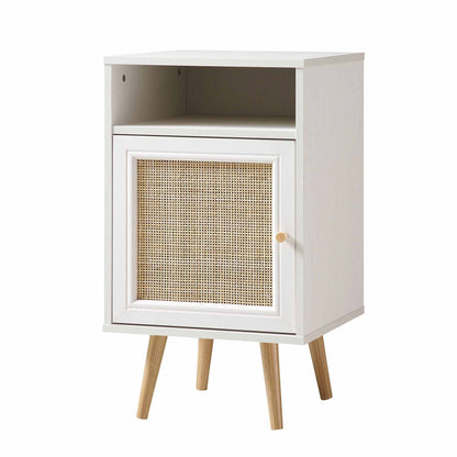 Table de chevet 1 porte en rotin tressé Frances, blanc