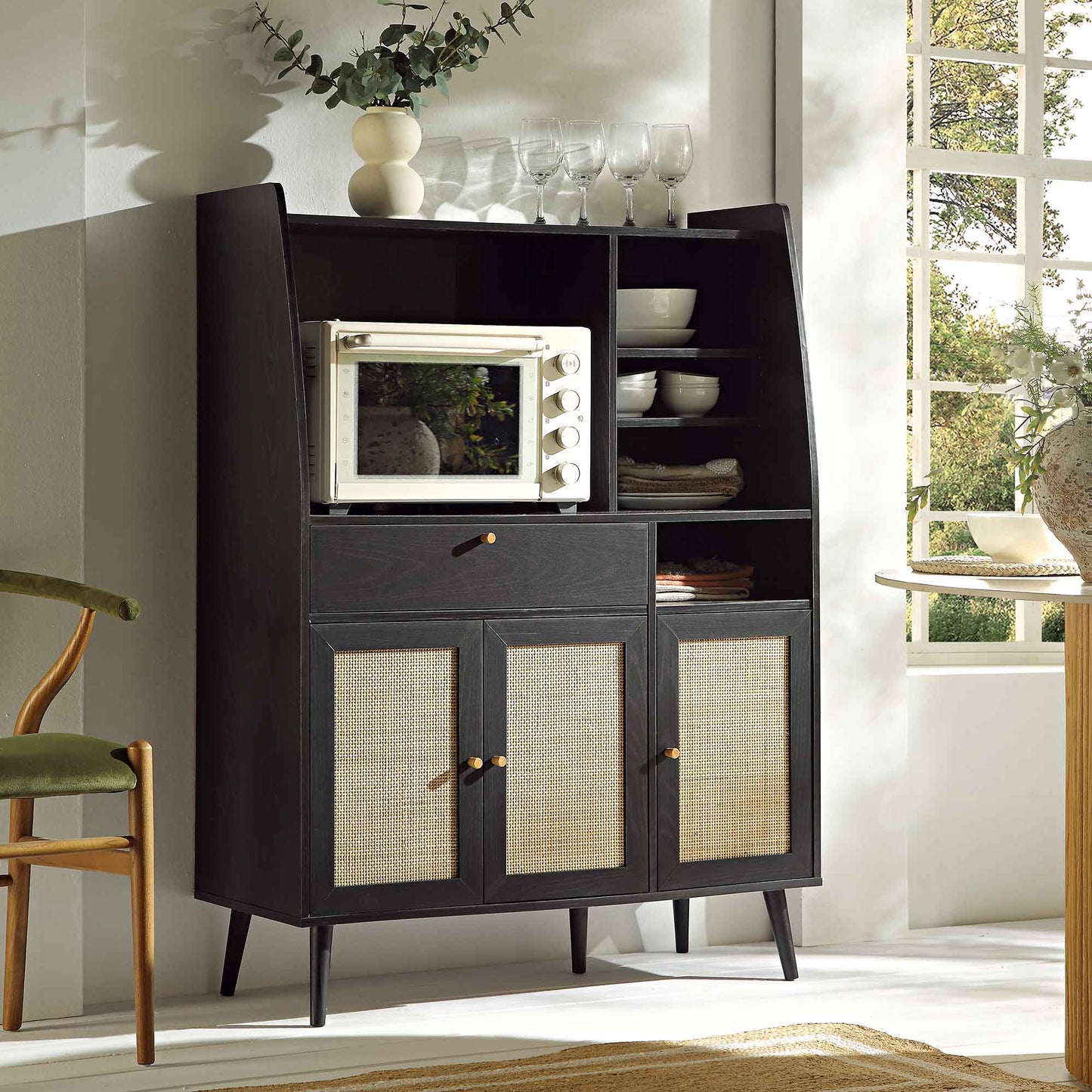 Armoire de cuisine en rotin tressé Frances, noire