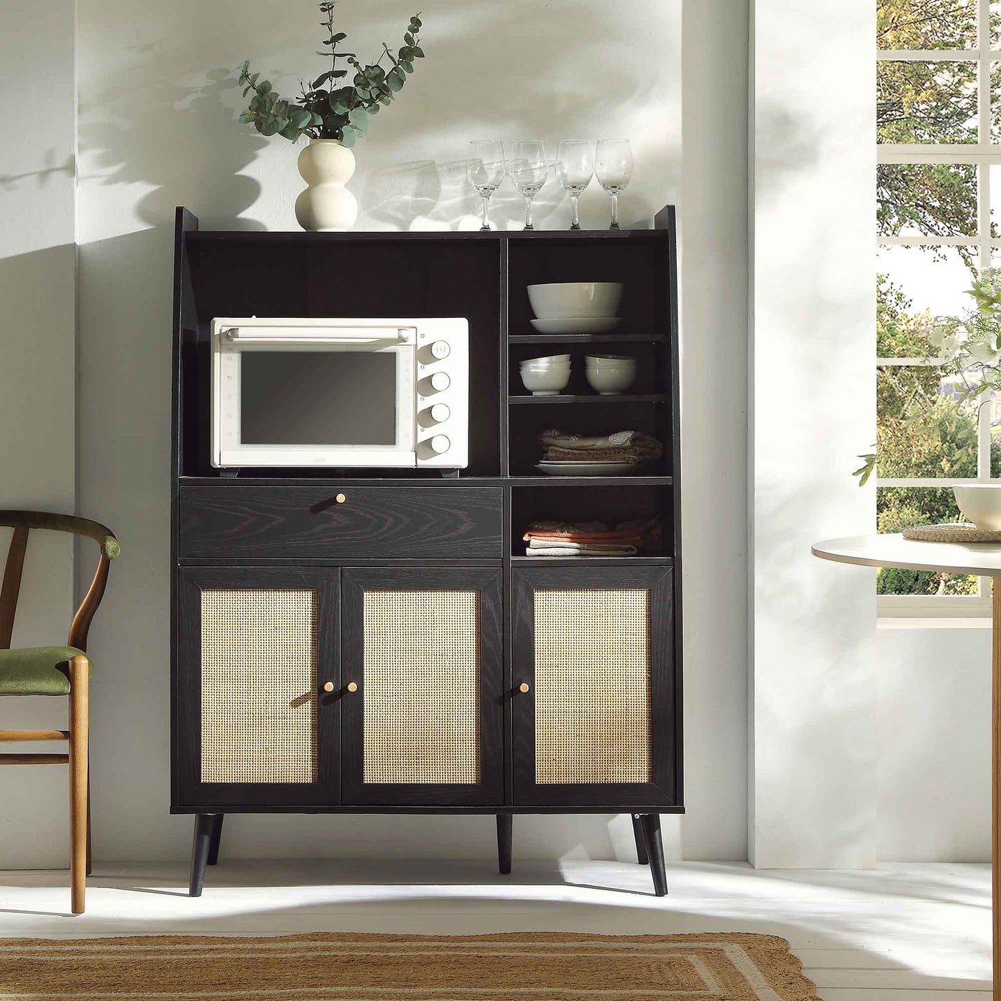 Armoire de cuisine en rotin tressé Frances, noire