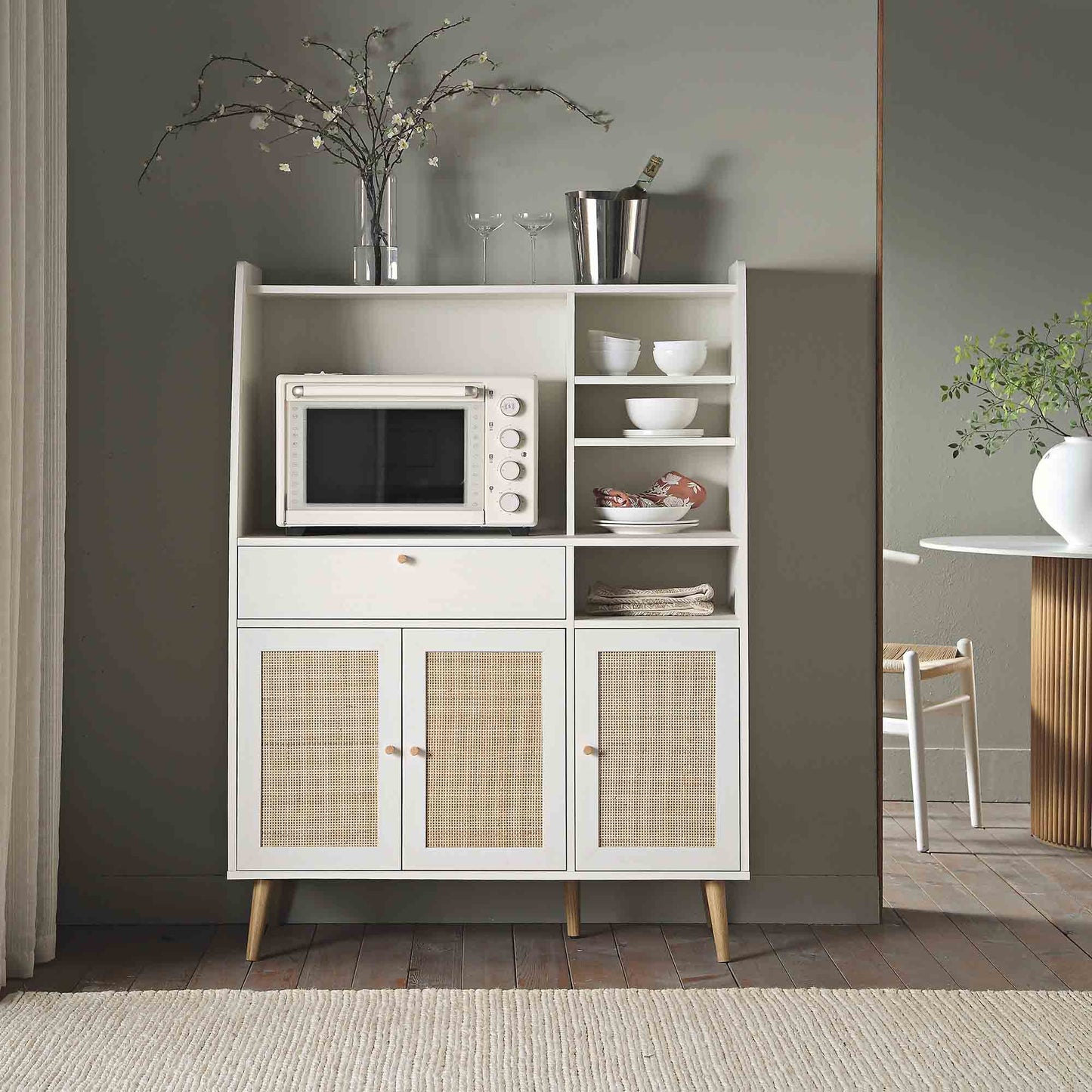 Meuble de rangement de cuisine en rotin tressé Frances, blanc