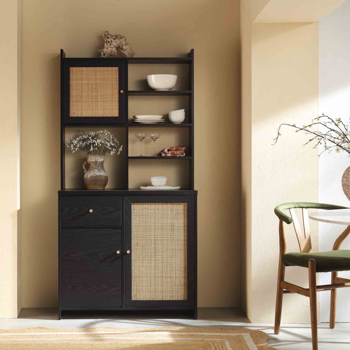 Armoire de rangement en rotin tressé Frances, noire