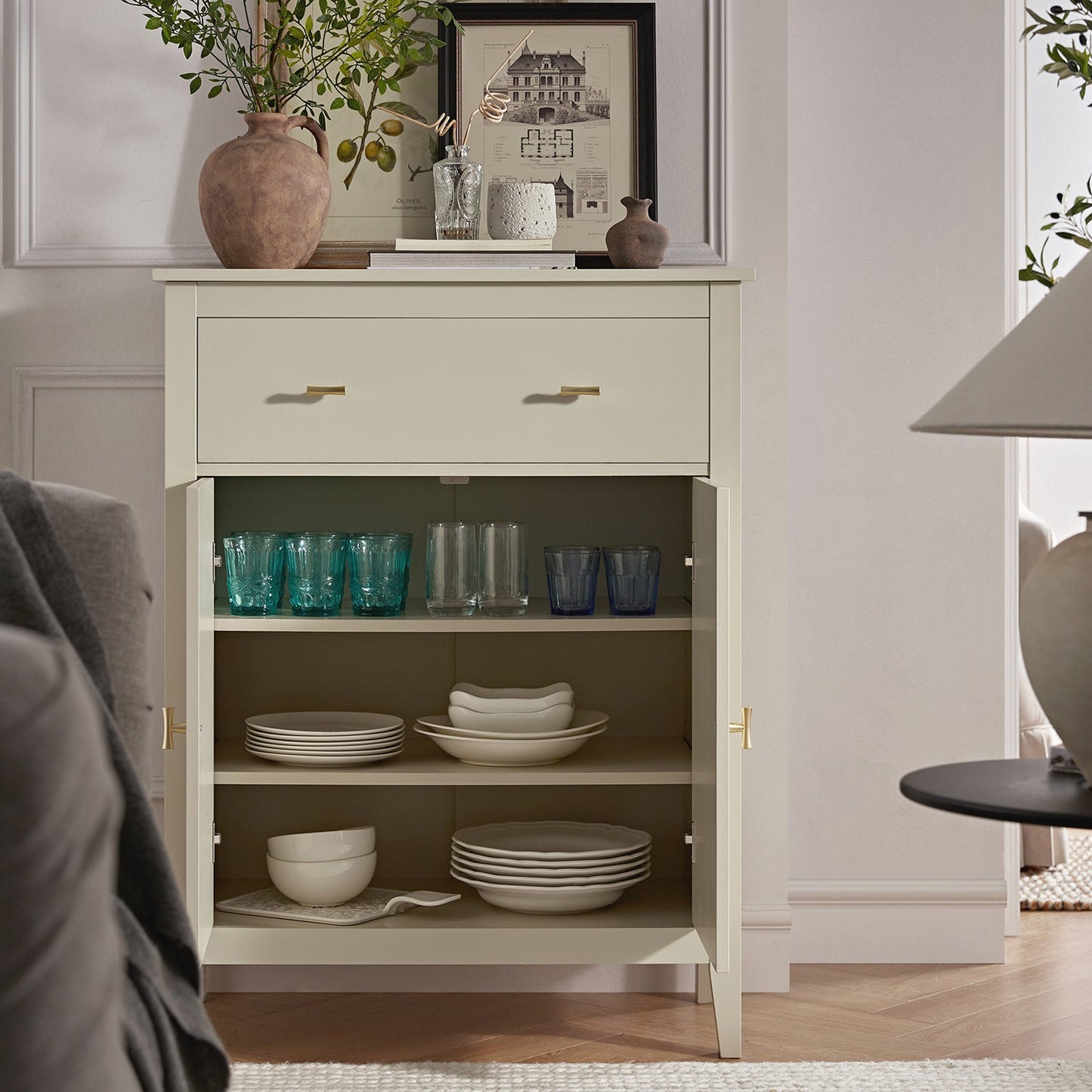 Petit buffet Oakham avec tiroir, blanc ombré