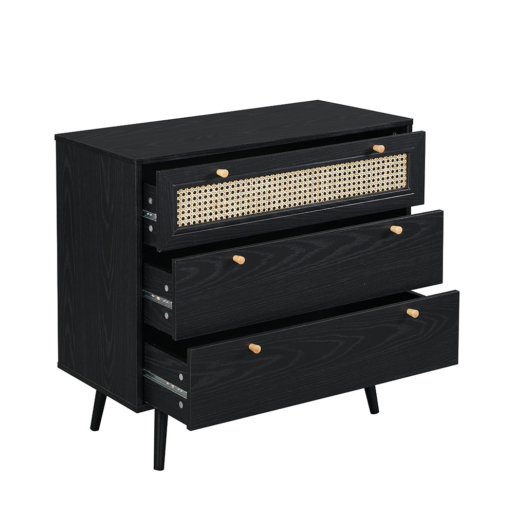 Commode 3 tiroirs Anya en rotin tressé noir