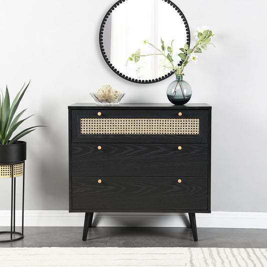 Commode 3 tiroirs Anya en rotin tressé noir