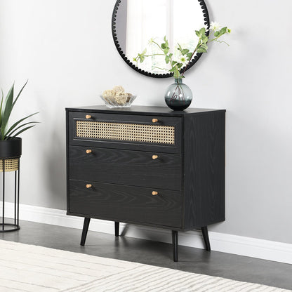 Commode 3 tiroirs Anya en rotin tressé noir