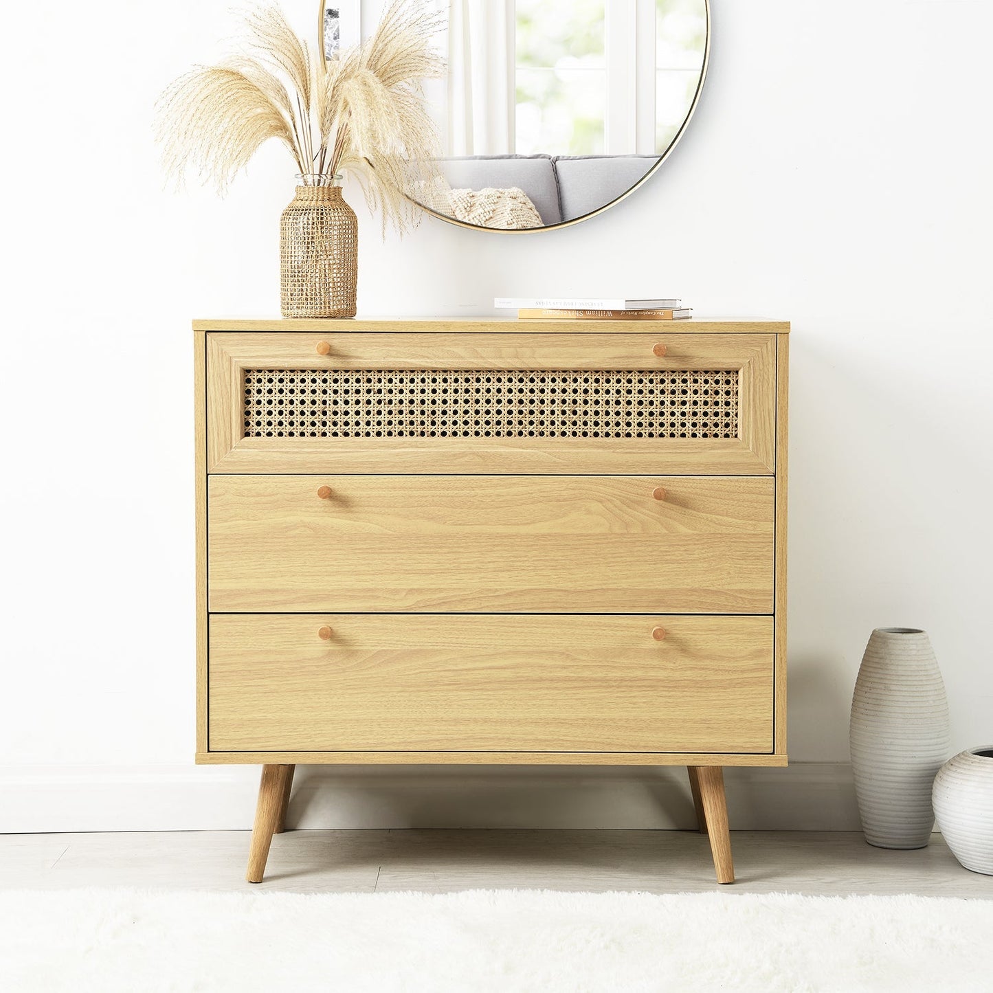 Commode 3 tiroirs Anya en rotin tressé naturel