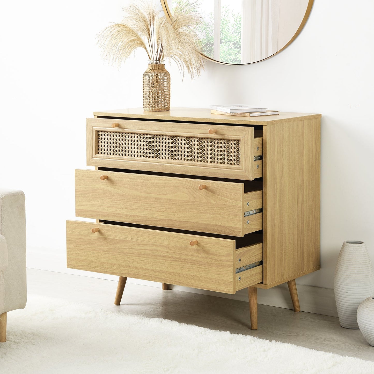 Commode 3 tiroirs Anya en rotin tressé naturel