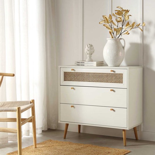 Commode 3 tiroirs Anya en rotin tressé blanc