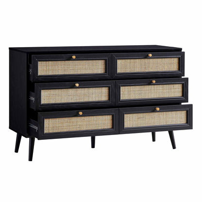 Commode 6 tiroirs en rotin tressé Frances, noire