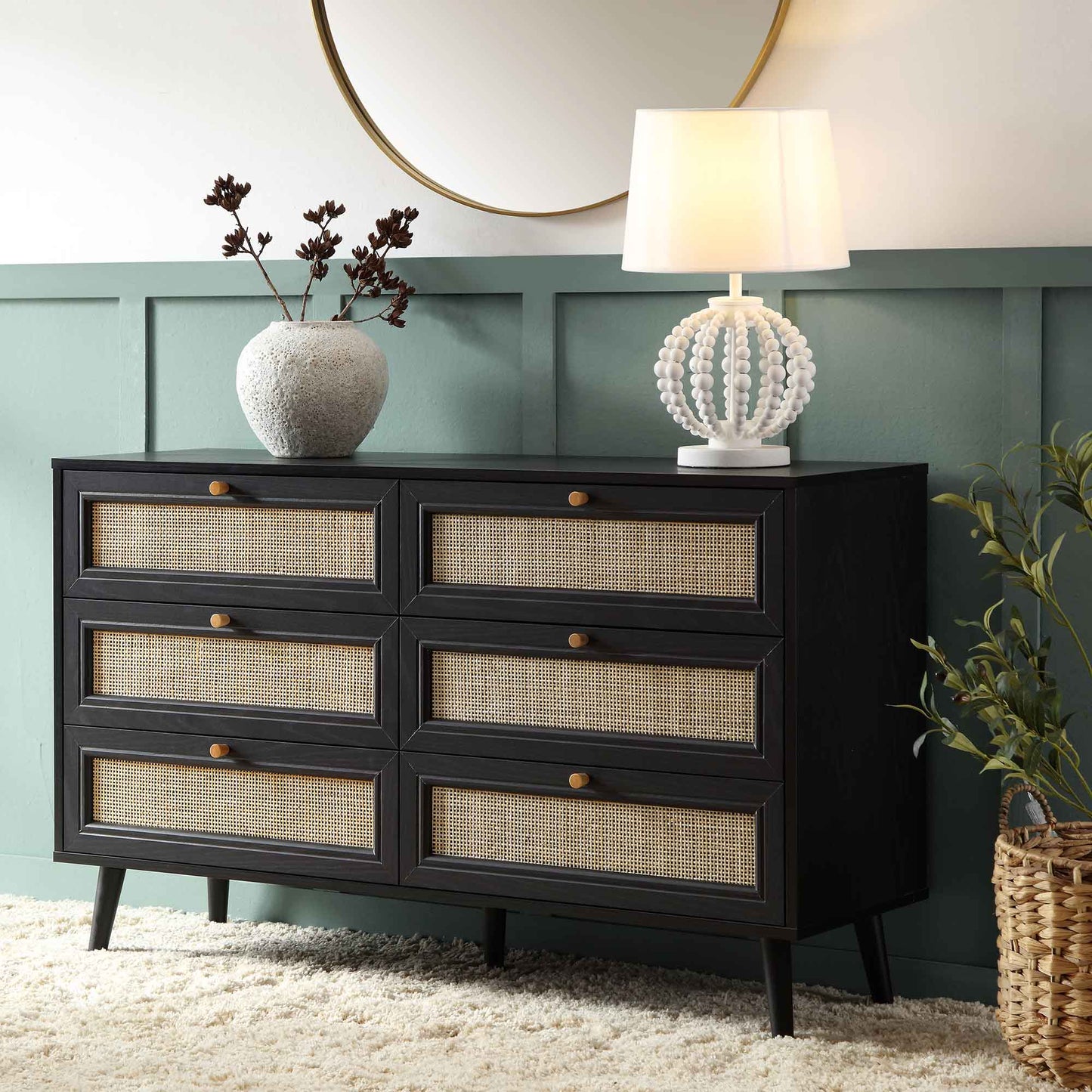 Commode 6 tiroirs en rotin tressé Frances, noire
